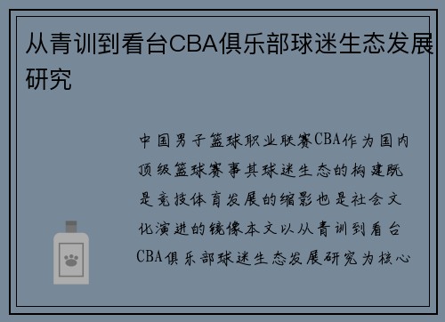 从青训到看台CBA俱乐部球迷生态发展研究