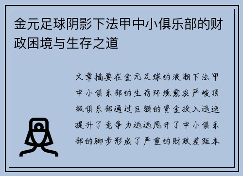 金元足球阴影下法甲中小俱乐部的财政困境与生存之道